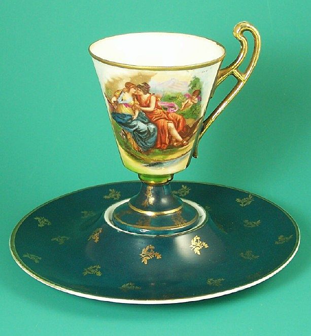 Elegant Austrian Cabinet Cup & Saucer, Inverted Well & Pedestal Cup, Two Maidens/Goddesses, after Kauffmann Elegant Austrian Cabinet Cup & Saucer, Inverted Well & Pedestal Cup, Two Maidens/Goddesses, after Kauffmann