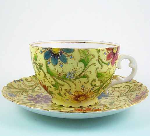 Hand Painted Cup & Saucer, Vibrant Florals, Gilding, Enamel Jewel Accents, ca. 1900 Hand Painted Cup & Saucer, Vibrant Florals, Gilding, Enamel Jewel Accents, ca. 1900