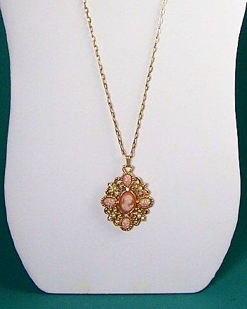 Romantic Poet Necklace, White Cameo Portrait & Miniature Florals on Apricot-Pink Ground, Pearl & Rhinestone Accents, 1994 Romantic Poet Necklace, White Cameo Portrait & Miniature Florals on Apricot-Pink Ground, Pearl & Rhinestone Accents, 1994