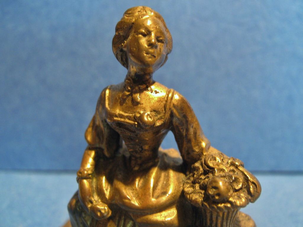 Antique Miniature French Bronze of Lady with Basket of Flowers, CA.1880 Antique Miniature French Bronze of Lady with Basket of Flowers, CA.1880