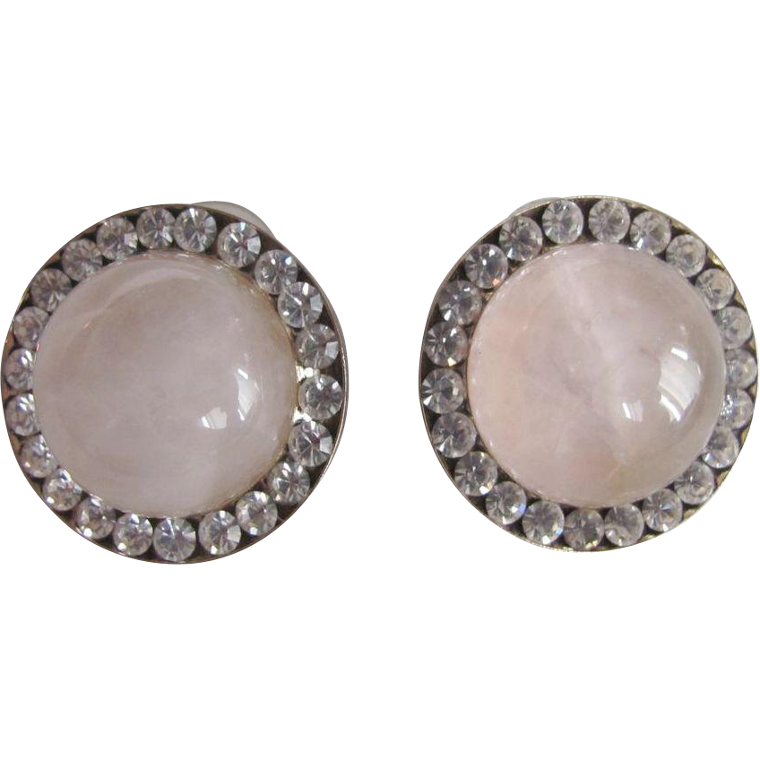 Vintage Semi Precious Rose Quartz Cabochon Pierced Earrings with Channel set Rhinestones Vintage Semi Precious Rose Quartz Cabochon Pierced Earrings with Channel set Rhinestones