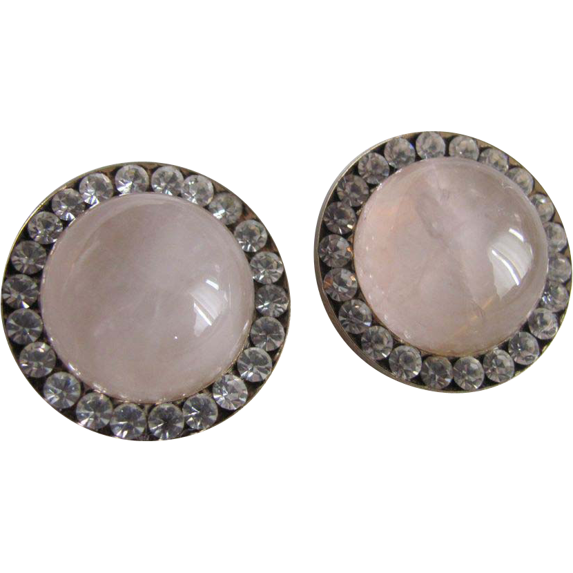 Vintage Semi Precious Rose Quartz Cabochon Pierced Earrings with Channel set Rhinestones Vintage Semi Precious Rose Quartz Cabochon Pierced Earrings with Channel set Rhinestones