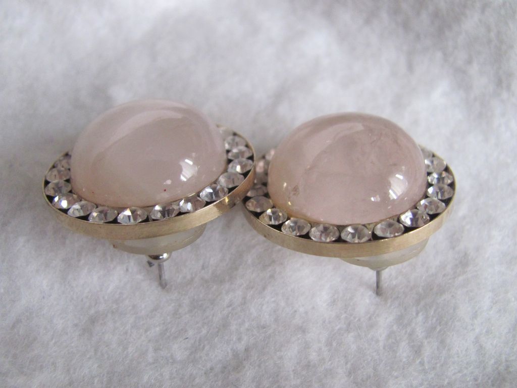 Vintage Semi Precious Rose Quartz Cabochon Pierced Earrings with Channel set Rhinestones Vintage Semi Precious Rose Quartz Cabochon Pierced Earrings with Channel set Rhinestones