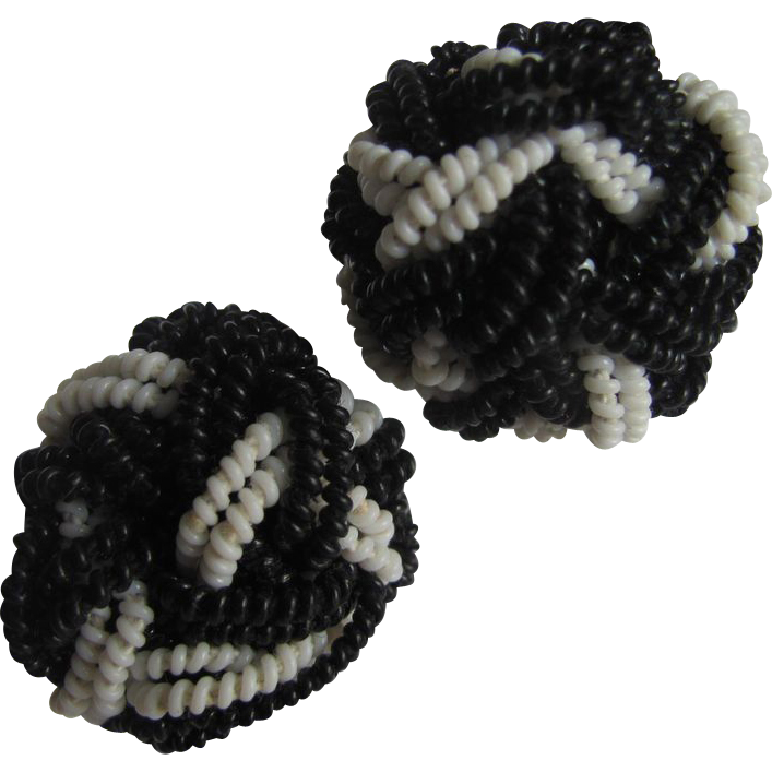 WWII Unsigned Miriam Haskell Black & White Coil Braided & Knotted Earrings WWII Unsigned Miriam Haskell Black & White Coil Braided & Knotted Earrings