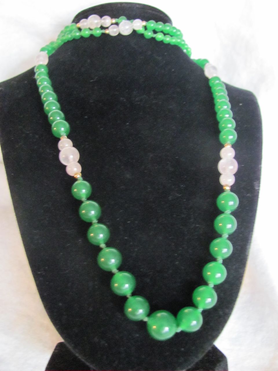 Vintage Vermeil Emerald Green Glass & Quartz Bead Flapper Graduated Necklace Vintage Vermeil Emerald Green Glass & Quartz Bead Flapper Graduated Necklace