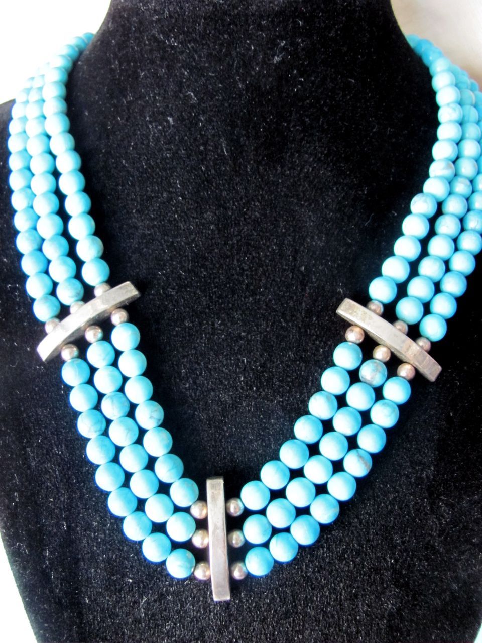 Vintage Sterling Silver Triple Strand Dyed Turquoise Necklace with Certified Appraisal Vintage Sterling Silver Triple Strand Dyed Turquoise Necklace with Certified Appraisal