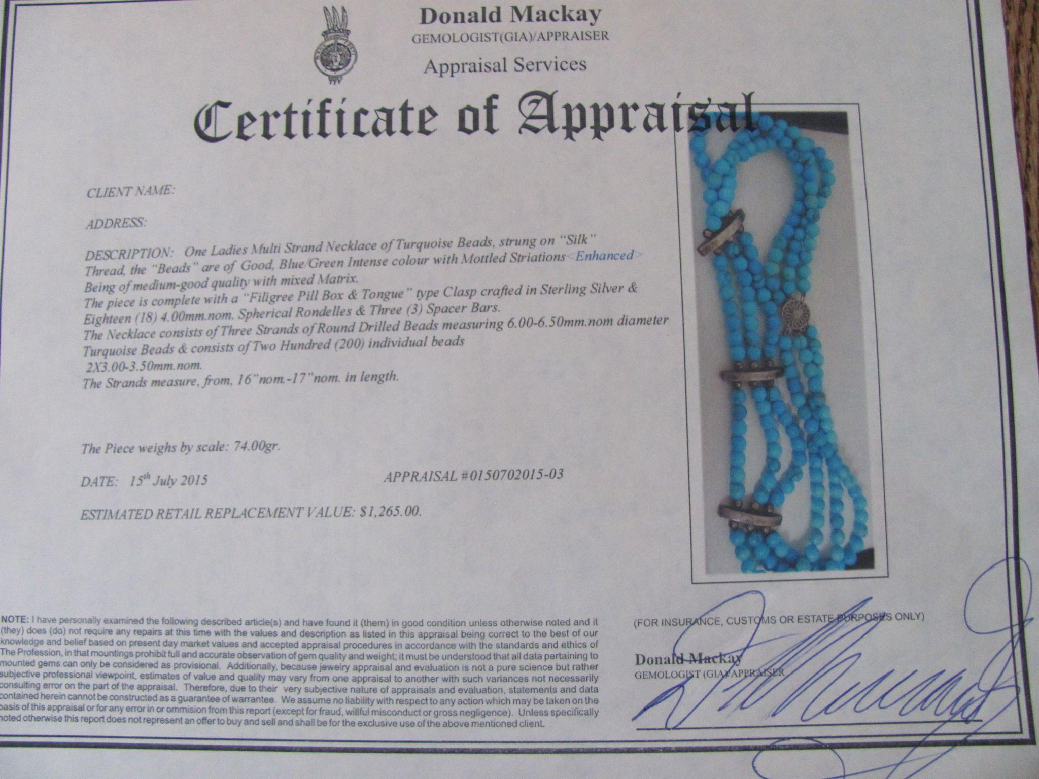 Vintage Sterling Silver Triple Strand Dyed Turquoise Necklace with Certified Appraisal Vintage Sterling Silver Triple Strand Dyed Turquoise Necklace with Certified Appraisal