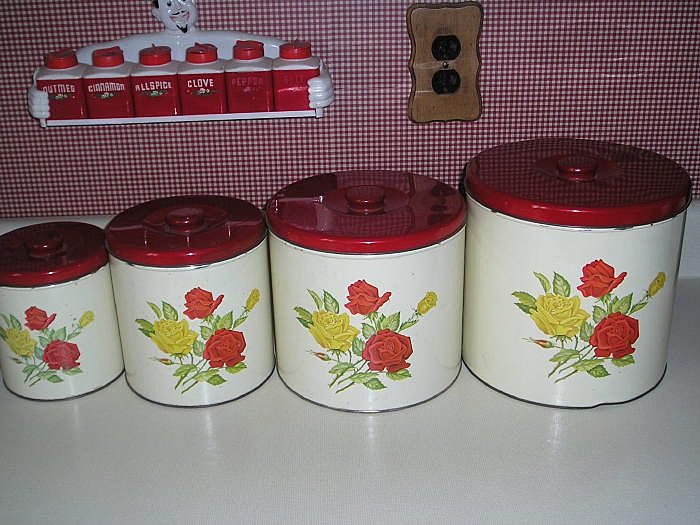 Vintage Set Of 4 Metal Canisters with Red & Yellow ROSES Vintage Set Of 4 Metal Canisters with Red & Yellow ROSES