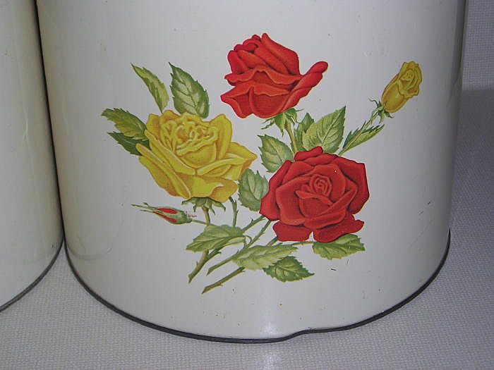 Vintage Set Of 4 Metal Canisters with Red & Yellow ROSES Vintage Set Of 4 Metal Canisters with Red & Yellow ROSES