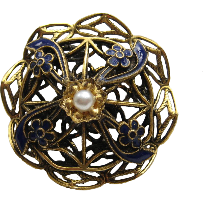 Vintage Freirich Royal Blue Enamel Flowers Faux Pearl God Plated Pin Brooch Vintage Freirich Royal Blue Enamel Flowers Faux Pearl God Plated Pin Brooch