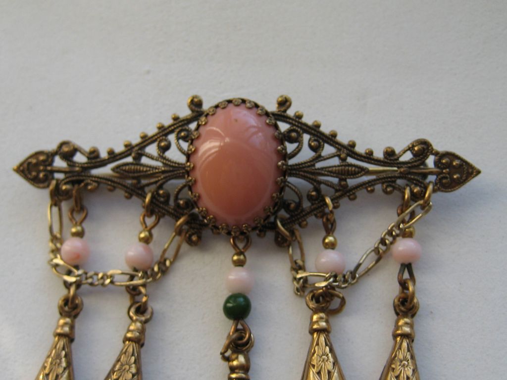 Sadie Green Art Deco Art Nouveau Style Brass Dangle Faux Coral Faux Pearl Brooch Pin Sadie Green Art Deco Art Nouveau Style Brass Dangle Faux Coral Faux Pearl Brooch Pin