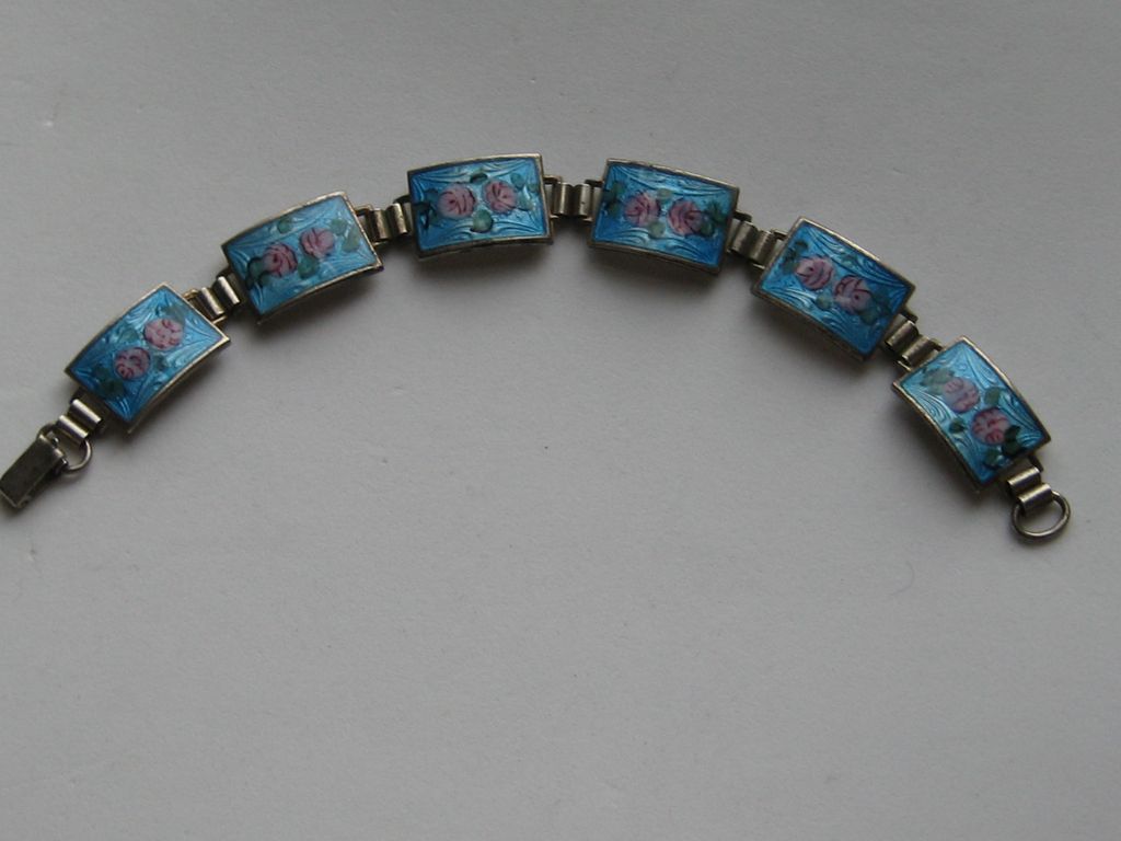 Sterling Silver Link Bracelet w/ Guilloche Enameled Painted Roses Vintage Sterling Silver Link Bracelet w/ Guilloche Enameled Painted Roses Vintage
