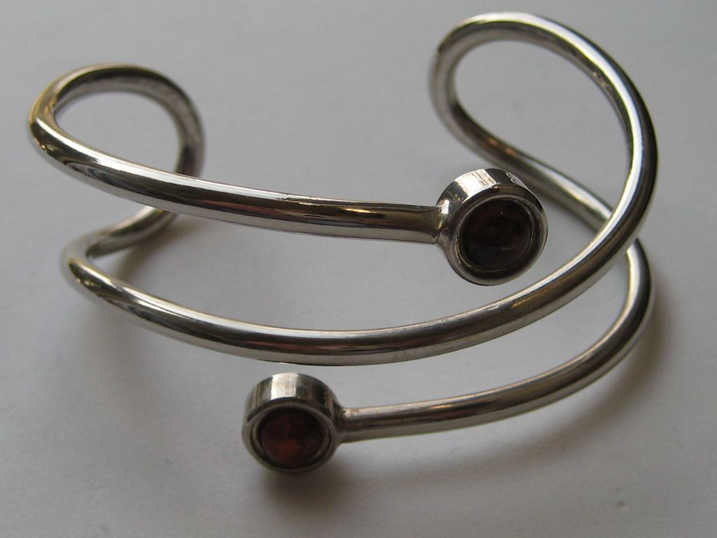 Vintage Modernist Silver Amber Cabochons Chrome Metal Bracelet Bangle Geometric Cuff Vintage Modernist Silver Amber Cabochons Chrome Metal Bracelet Bangle Geometric Cuff