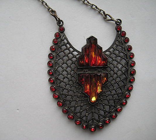 Vintage Art Deco Amber Red Rhinestone Filagree Necklace Vintage Art Deco Amber Red Rhinestone Filagree Necklace