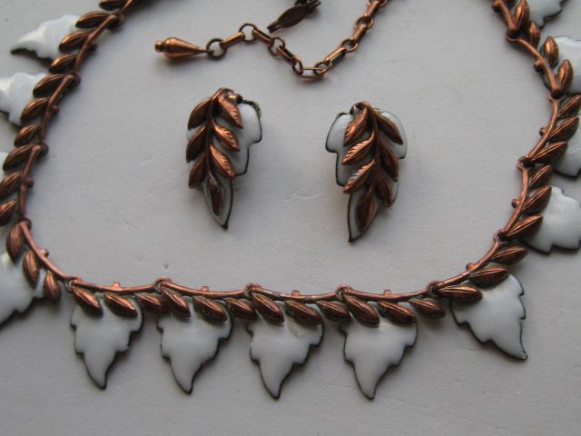Matisse Renoir " WHITE" Enamel Leaf Copper Necklace Earrings 1950's Matisse Renoir " WHITE" Enamel Leaf Copper Necklace Earrings 1950's