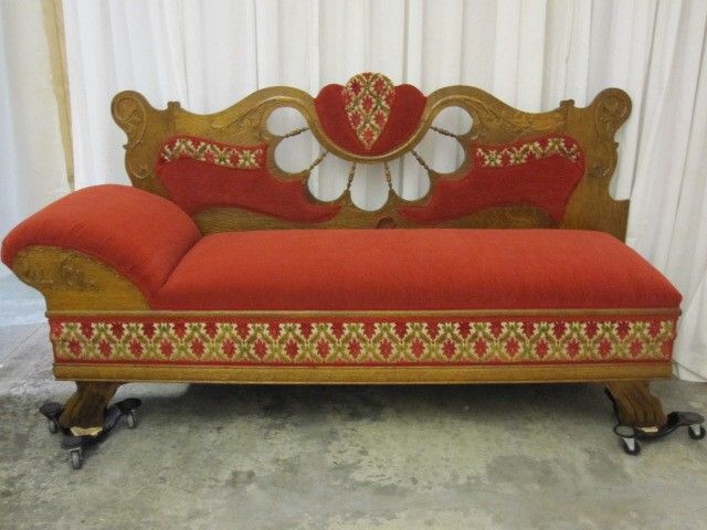 Antique 1800s Lounge Chaise Sofa Unfolds to Bed Extra Nice Oak & Upholstery NICE Antique 1800s Lounge Chaise Sofa Unfolds to Bed Extra Nice Oak & Upholstery NICE