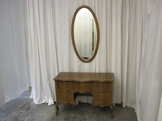Antique Oak Vanity Dresser w Oval Wall Mirror Great Condition Serpentine Style Antique Oak Vanity Dresser w Oval Wall Mirror Great Condition Serpentine Style