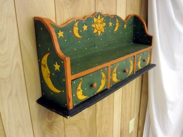 Vintage Primitive Look Norwegian Style Painted Shelf w 3 Drawers Sun Moon Vintage Primitive Look Norwegian Style Painted Shelf w 3 Drawers Sun Moon