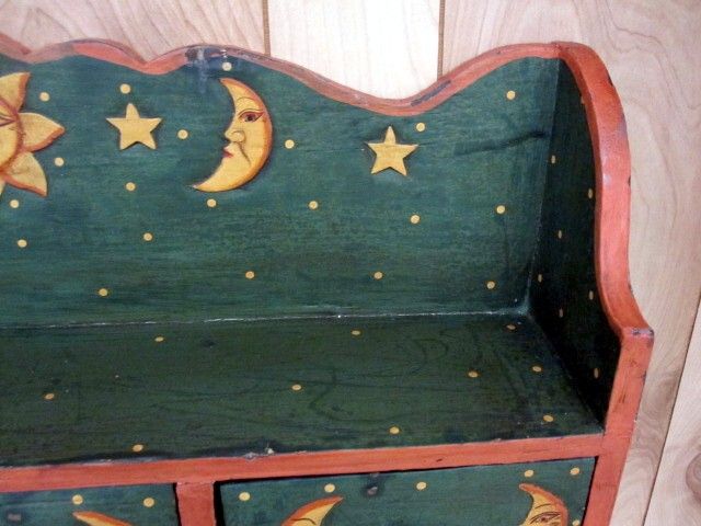 Vintage Primitive Look Norwegian Style Painted Shelf w 3 Drawers Sun Moon Vintage Primitive Look Norwegian Style Painted Shelf w 3 Drawers Sun Moon