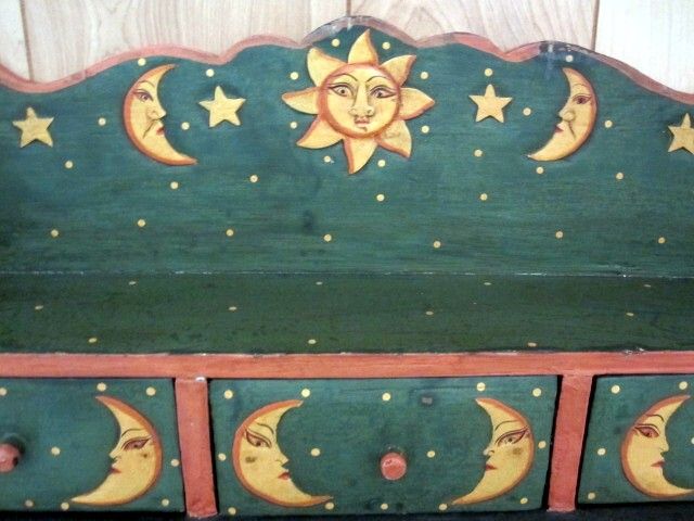 Vintage Primitive Look Norwegian Style Painted Shelf w 3 Drawers Sun Moon Vintage Primitive Look Norwegian Style Painted Shelf w 3 Drawers Sun Moon