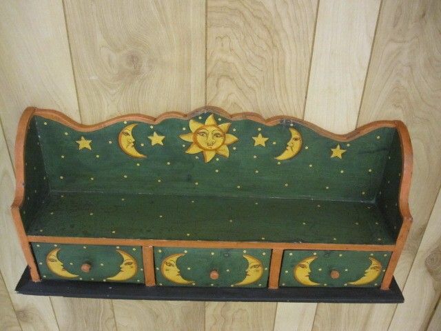 Vintage Primitive Look Norwegian Style Painted Shelf w 3 Drawers Sun Moon Vintage Primitive Look Norwegian Style Painted Shelf w 3 Drawers Sun Moon