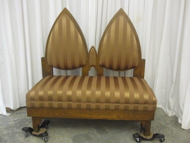 Antique Oak Gothic Deacons Bench with Fresh Gold Upholstery Great Condition Antique Oak Gothic Deacons Bench with Fresh Gold Upholstery Great Condition