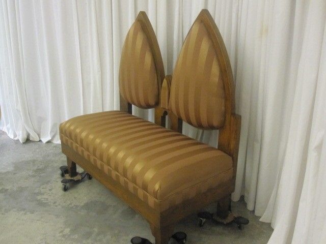 Antique Oak Gothic Deacons Bench with Fresh Gold Upholstery Great Condition Antique Oak Gothic Deacons Bench with Fresh Gold Upholstery Great Condition