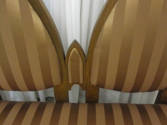 Antique Oak Gothic Deacons Bench with Fresh Gold Upholstery Great Condition Antique Oak Gothic Deacons Bench with Fresh Gold Upholstery Great Condition