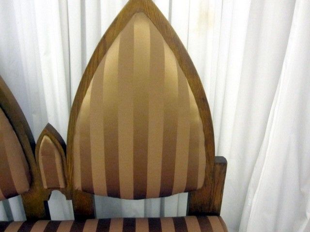 Antique Oak Gothic Deacons Bench with Fresh Gold Upholstery Great Condition Antique Oak Gothic Deacons Bench with Fresh Gold Upholstery Great Condition