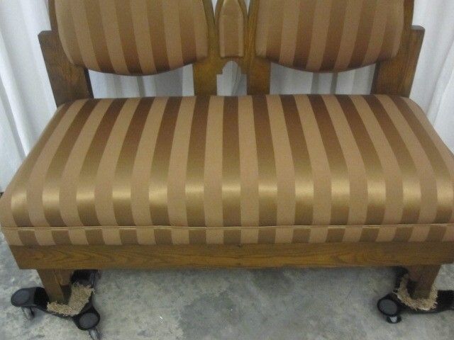 Antique Oak Gothic Deacons Bench with Fresh Gold Upholstery Great Condition Antique Oak Gothic Deacons Bench with Fresh Gold Upholstery Great Condition