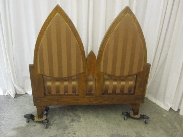 Antique Oak Gothic Deacons Bench with Fresh Gold Upholstery Great Condition Antique Oak Gothic Deacons Bench with Fresh Gold Upholstery Great Condition