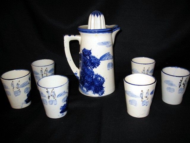 Antique 1920's 7 Pc Lemonade Set w Juicer Pitcher and Tumblers Flow Blue Style Antique 1920's 7 Pc Lemonade Set w Juicer Pitcher and Tumblers Flow Blue Style