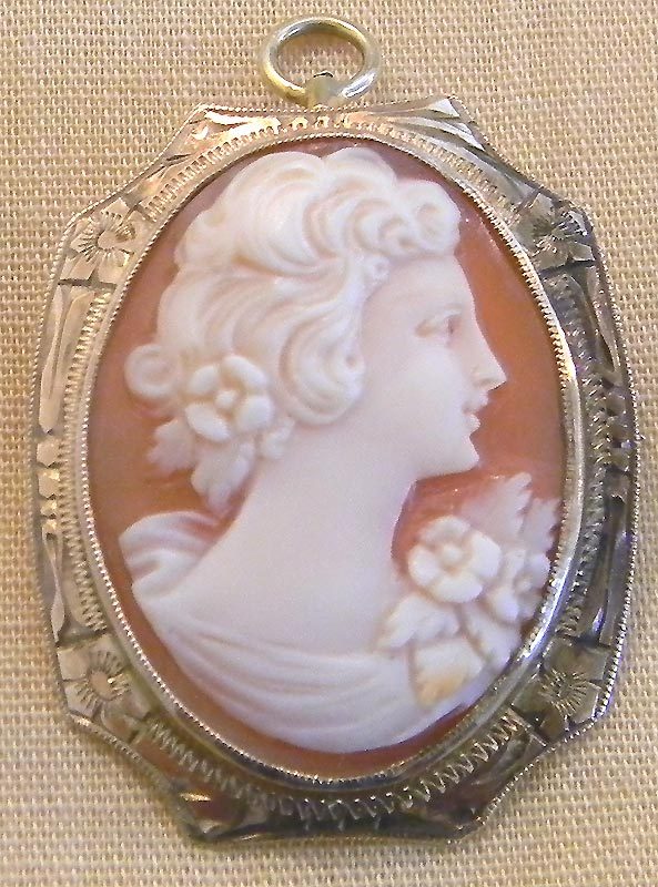 Victorian 10 KT Gold Carved Shell Cameo Pin Pendant with Fancy Engraved Frame Victorian 10 KT Gold Carved Shell Cameo Pin Pendant with Fancy Engraved Frame