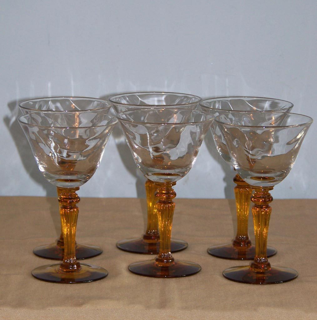 6 Tiffin 15071 Optic Cordial Liqueur Goblets Amber Stems 6 Tiffin 15071 Optic Cordial Liqueur Goblets Amber Stems