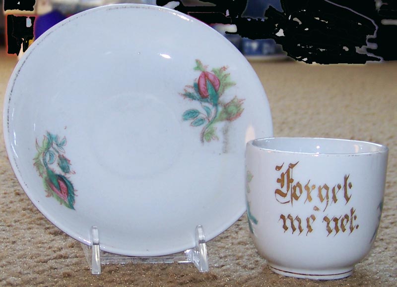 Moss Rose Souvenir Cup and Saucer ca. 1890 'Forget Me Not' Moss Rose Souvenir Cup and Saucer ca. 1890 'Forget Me Not'