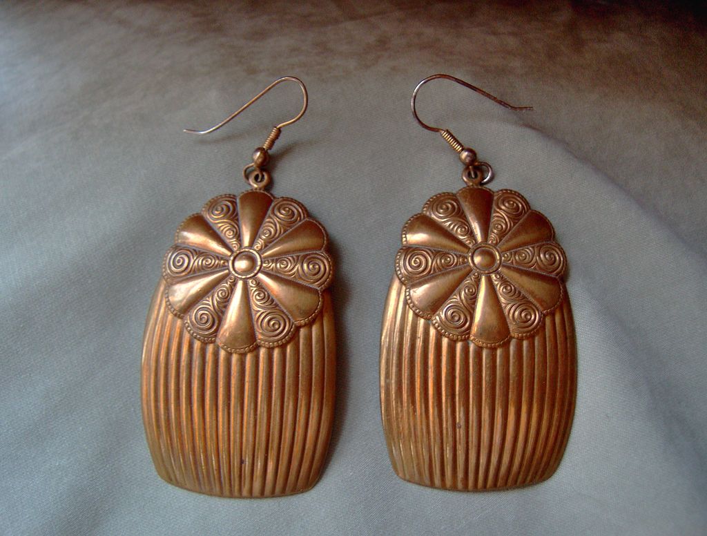 Large Brass Flower and Fluted Earrings with 3" Drop Large Brass Flower and Fluted Earrings with 3" Drop