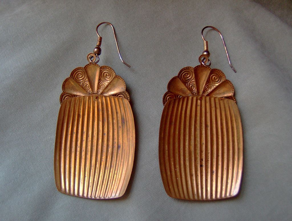 Large Brass Flower and Fluted Earrings with 3" Drop Large Brass Flower and Fluted Earrings with 3" Drop