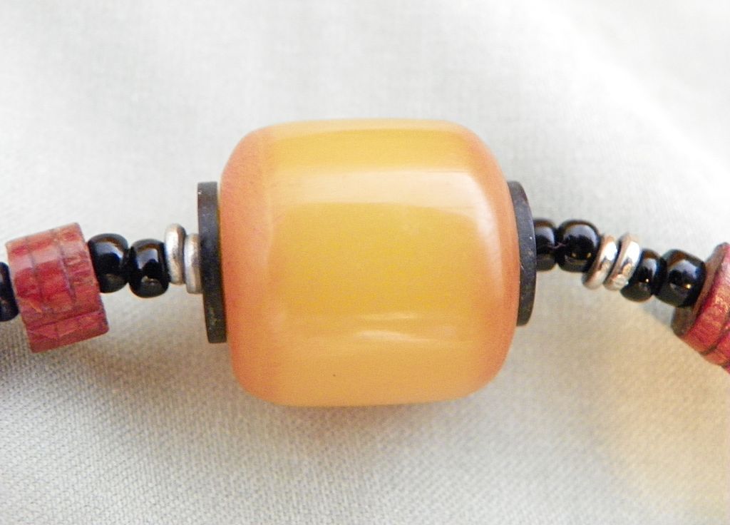 African Copal Amber, Blue Sandcast DiscTrade Bead Necklace African Copal Amber, Blue Sandcast DiscTrade Bead Necklace