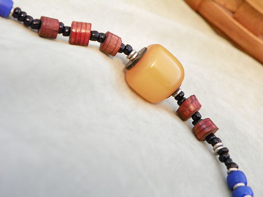 African Copal Amber, Blue Sandcast DiscTrade Bead Necklace African Copal Amber, Blue Sandcast DiscTrade Bead Necklace