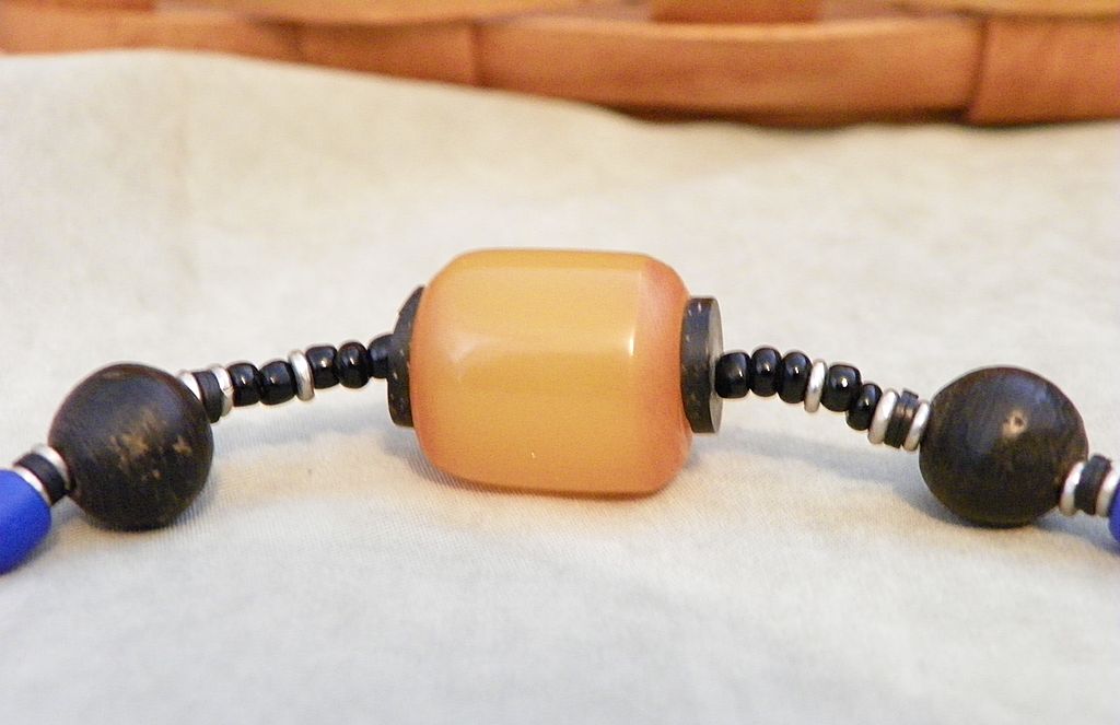 African Copal Amber, Blue Sandcast DiscTrade Bead Necklace African Copal Amber, Blue Sandcast DiscTrade Bead Necklace