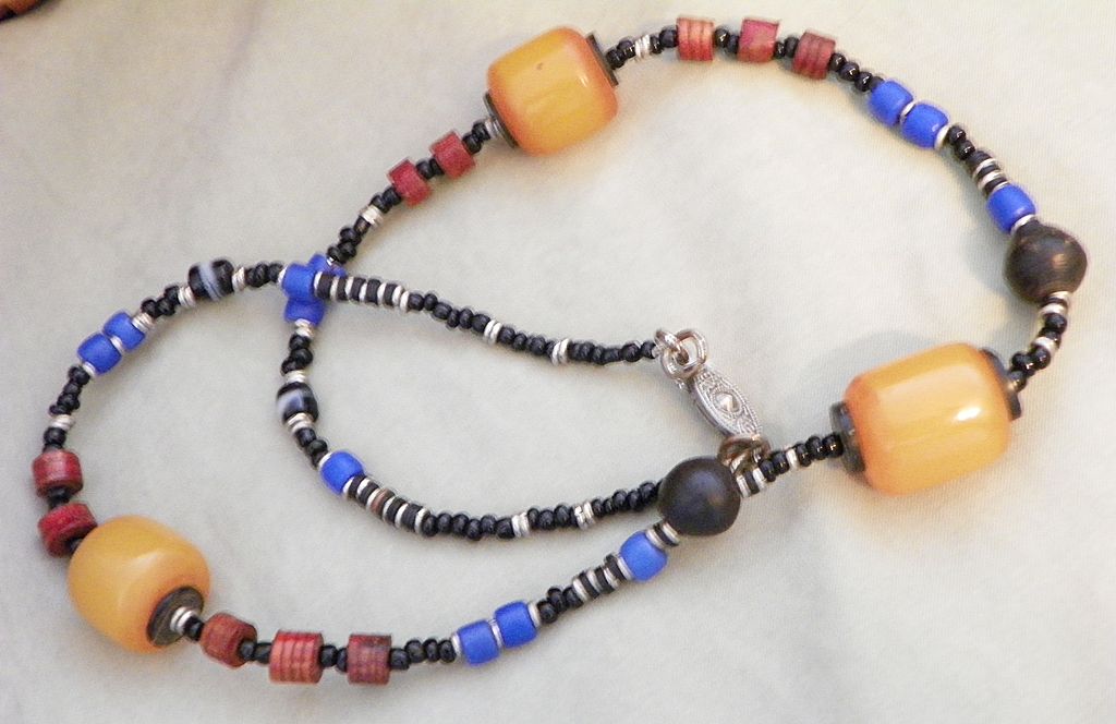 African Copal Amber, Blue Sandcast DiscTrade Bead Necklace African Copal Amber, Blue Sandcast DiscTrade Bead Necklace