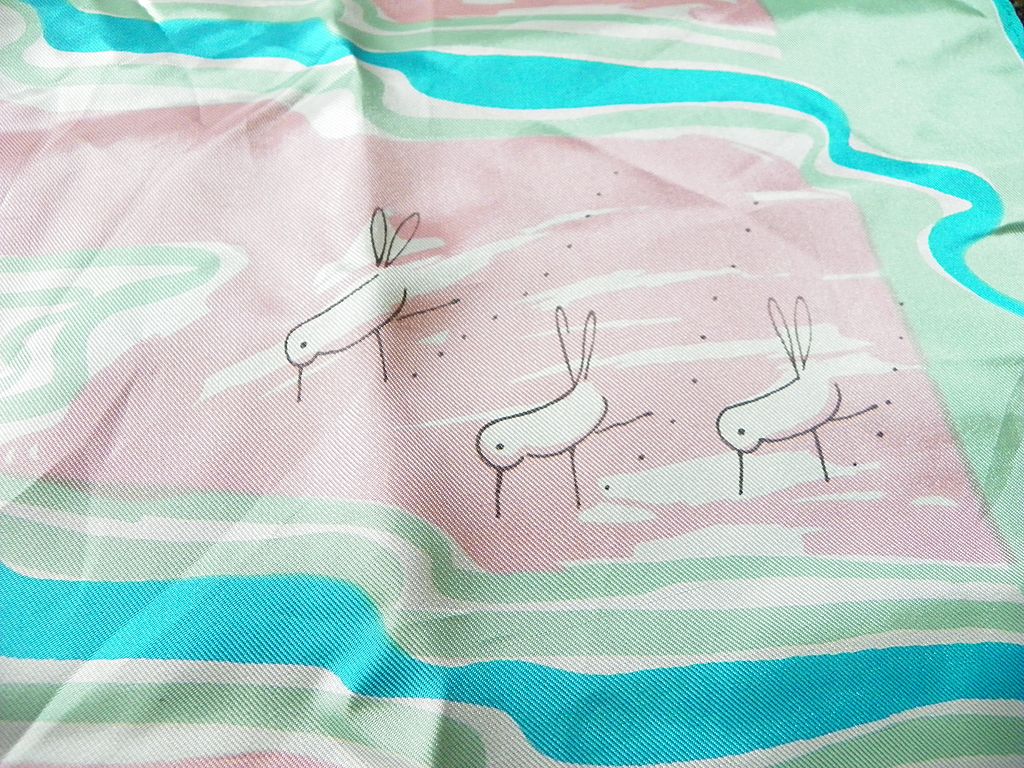 Green and Pink Vera Scarf with Birds and a Stream Green and Pink Vera Scarf with Birds and a Stream