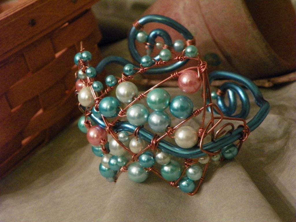 OOAK Size Large Wire Wrapped Bracelet with Pearls in Pink, Greens and Blue OOAK Size Large Wire Wrapped Bracelet with Pearls in Pink, Greens and Blue