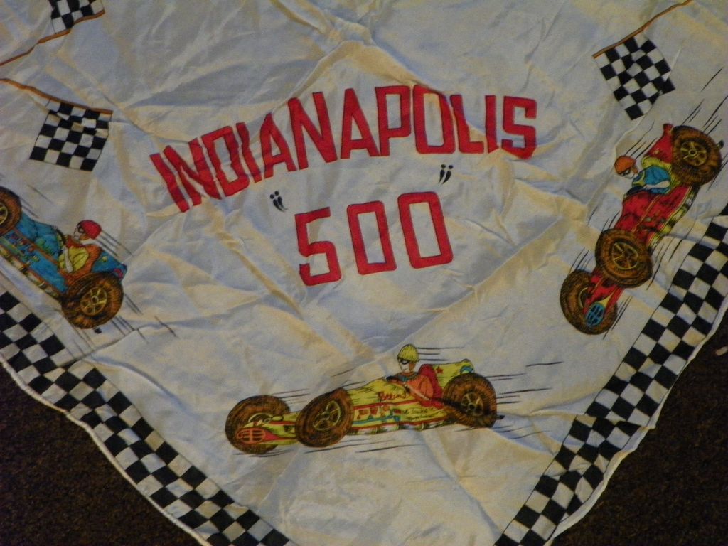 Indianapolis 500 Racing 1950's Souvenir Scarf with Cars and Flags Indianapolis 500 Racing 1950's Souvenir Scarf with Cars and Flags
