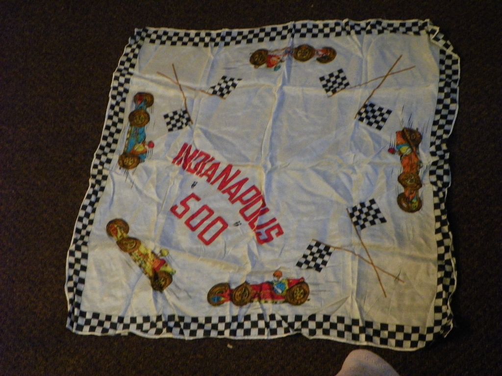 Indianapolis 500 Racing 1950's Souvenir Scarf with Cars and Flags Indianapolis 500 Racing 1950's Souvenir Scarf with Cars and Flags