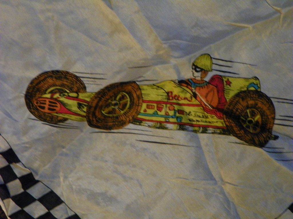 Indianapolis 500 Racing 1950's Souvenir Scarf with Cars and Flags Indianapolis 500 Racing 1950's Souvenir Scarf with Cars and Flags
