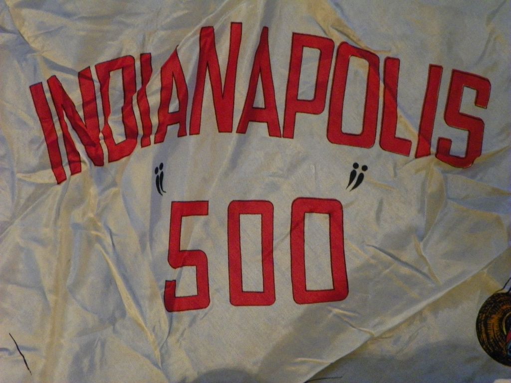 Indianapolis 500 Racing 1950's Souvenir Scarf with Cars and Flags Indianapolis 500 Racing 1950's Souvenir Scarf with Cars and Flags