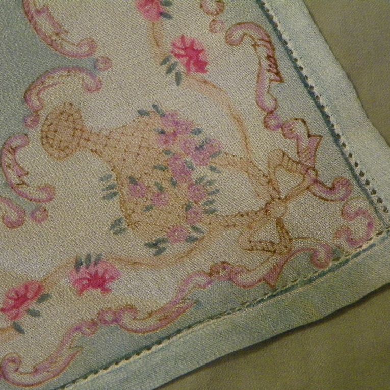 Sheer Aqua Silk Hankie with Baskets of Roses and Drawnthread Hem Sheer Aqua Silk Hankie with Baskets of Roses and Drawnthread Hem