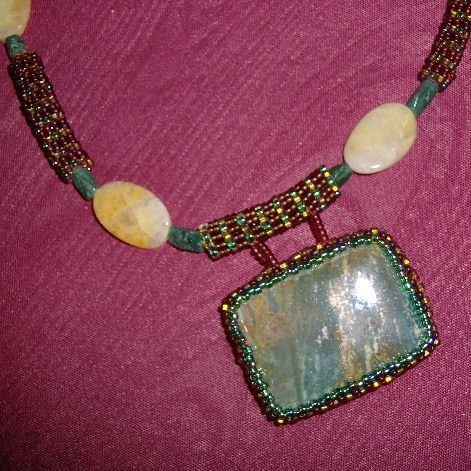 Handmade Real Stones and Seed Beaded Necklace in Greens and Browns Handmade Real Stones and Seed Beaded Necklace in Greens and Browns