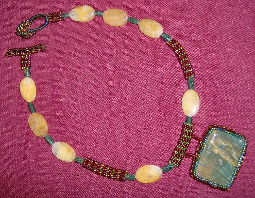 Handmade Real Stones and Seed Beaded Necklace in Greens and Browns Handmade Real Stones and Seed Beaded Necklace in Greens and Browns